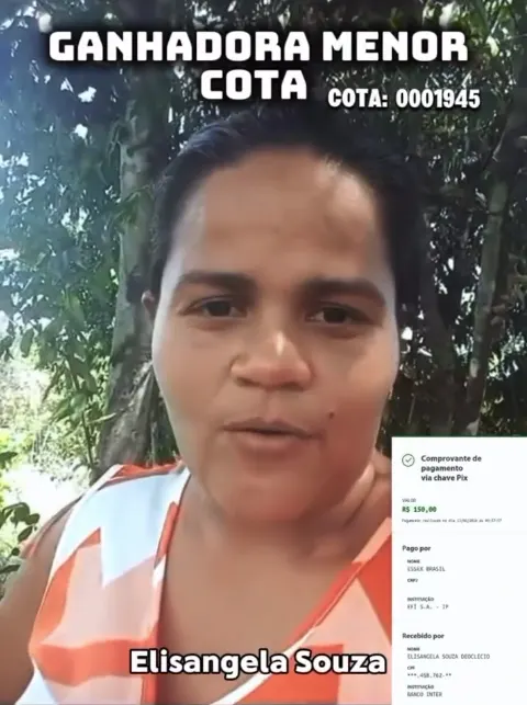 Ganhadora da menor cota com o comprovante de pagamento via Pix.