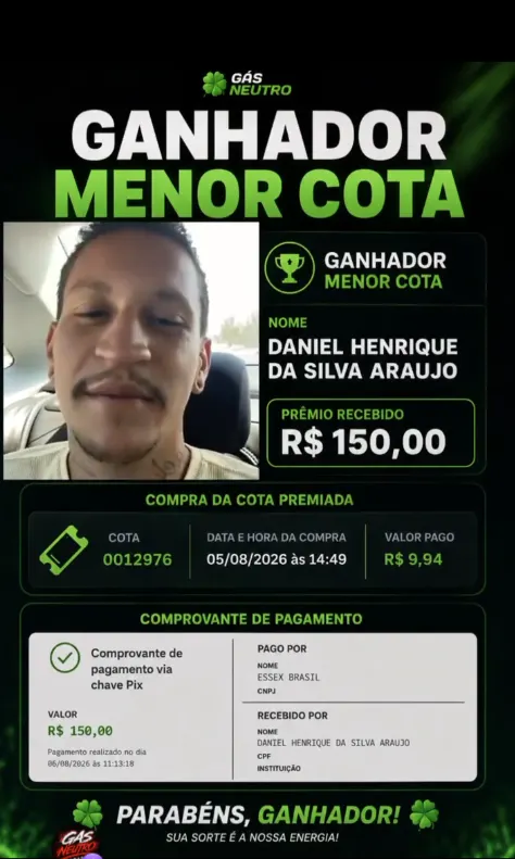Card de anúncio do ganhador da menor cota com o comprovante de pagamento.